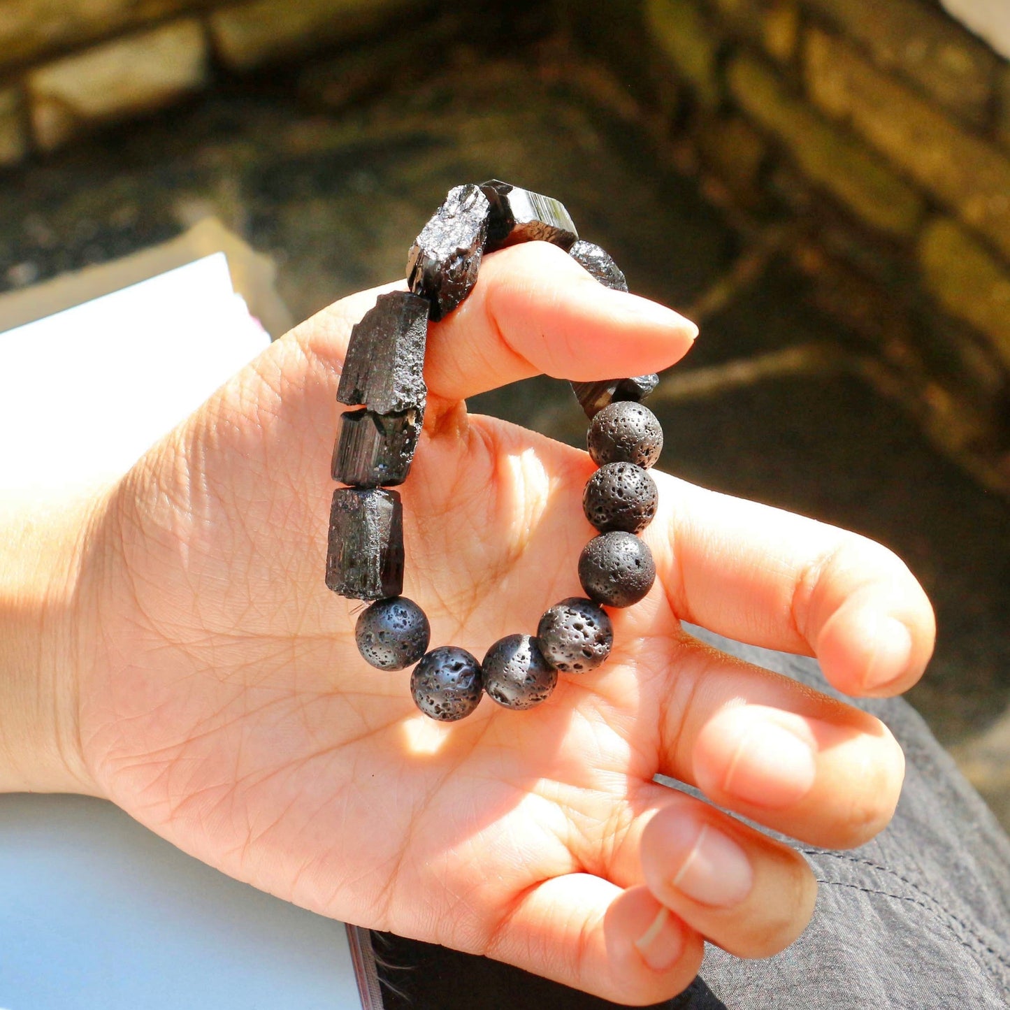 Volcanic stone and black tourmaline bracelet
